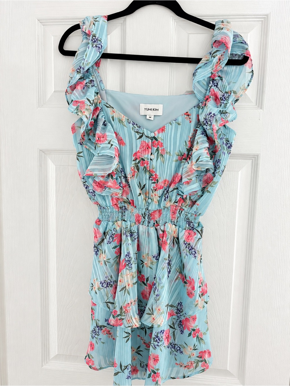 Yumi Kim Blue Floral Ruffle Mini Dress Size M